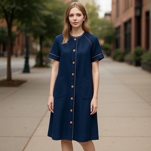 VTG Ciao LTD Short Sleeve Button Up Dress Gold Buttons Flight Attendant 1980s 8 - Picture 1 of 13